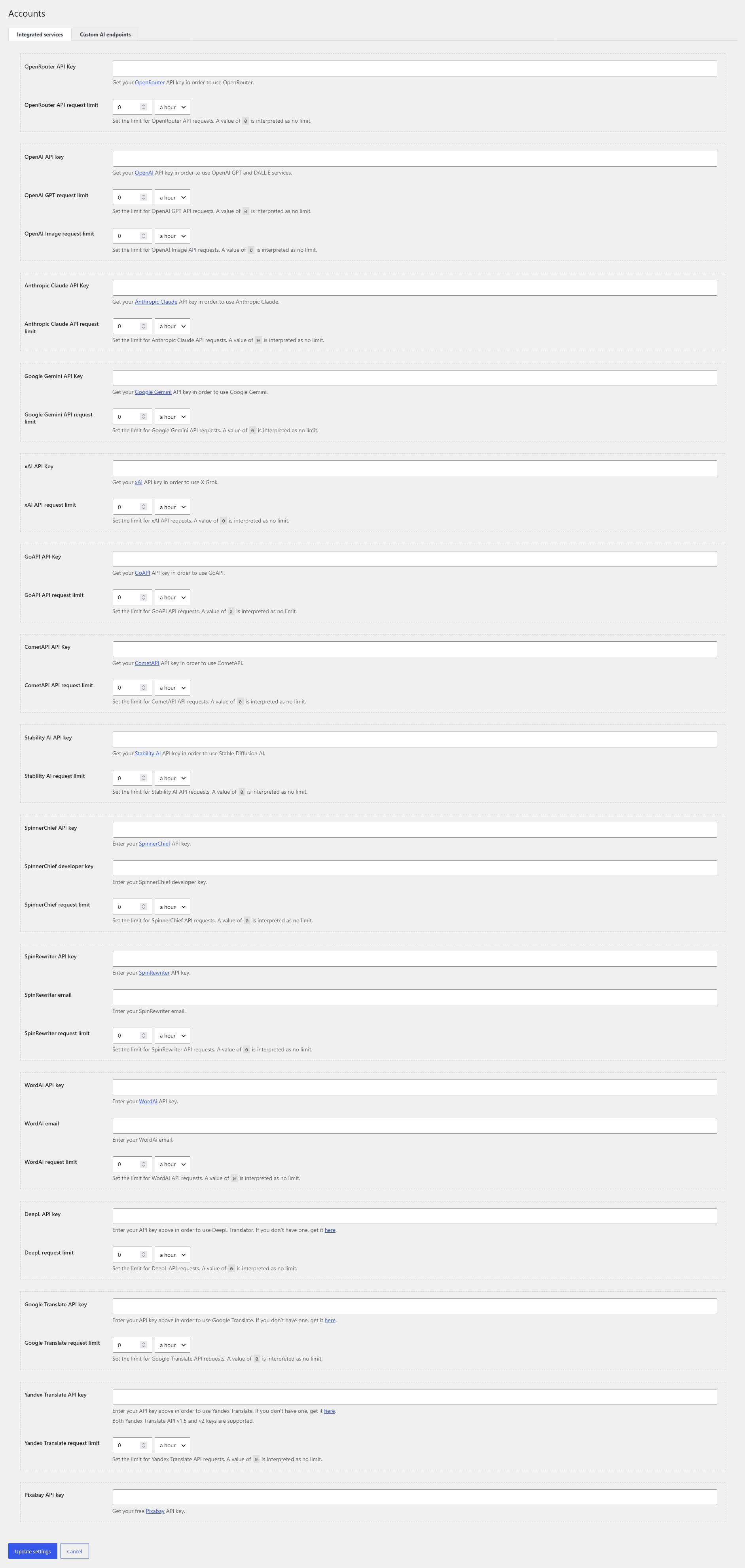 Accounts integrated services and request limits