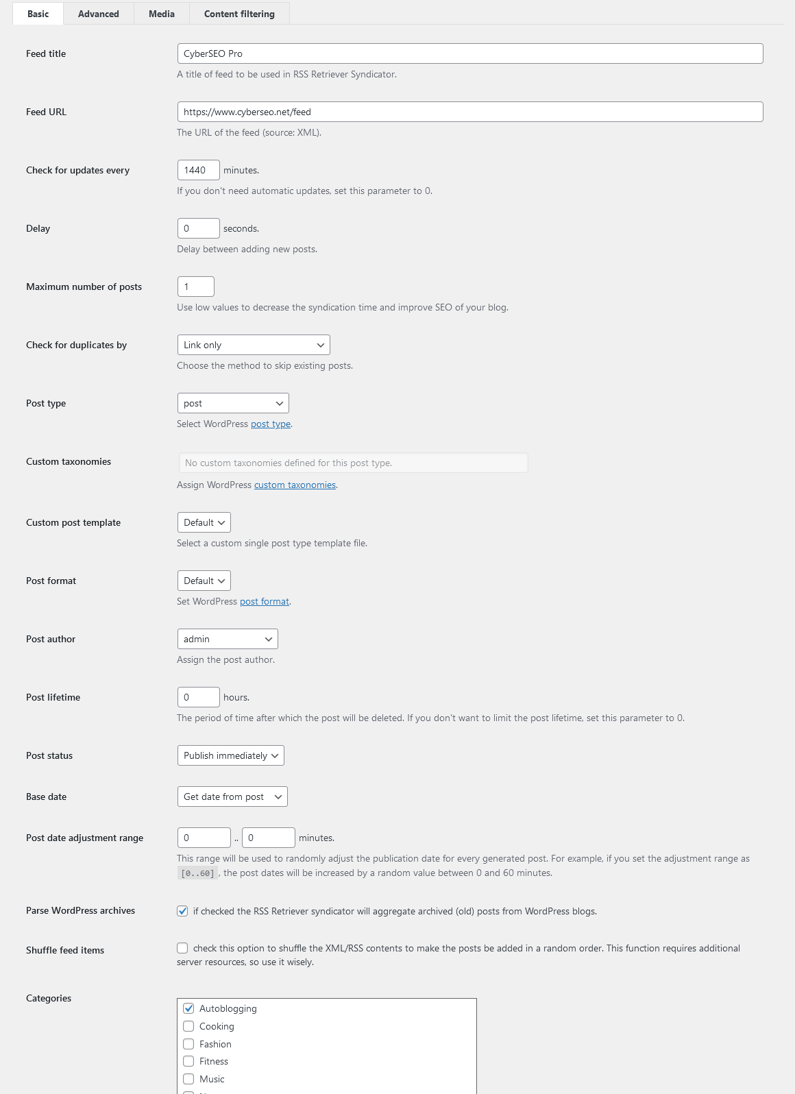 RSS Retriever - Basic feed sttings