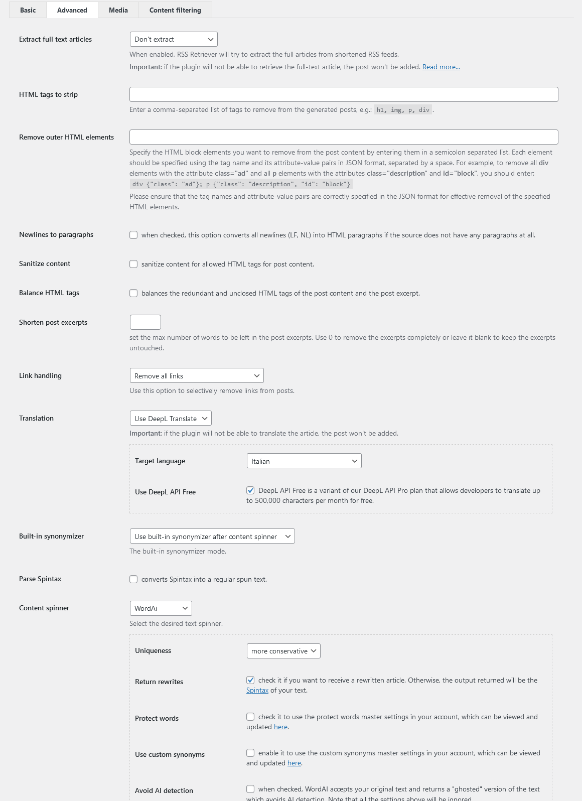 RSS Retriever - Advanced feed sttings